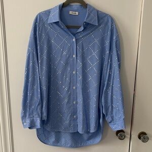 Sandro Blue Diamond Rhinestone Janiero Button Up Shirt Size 3
